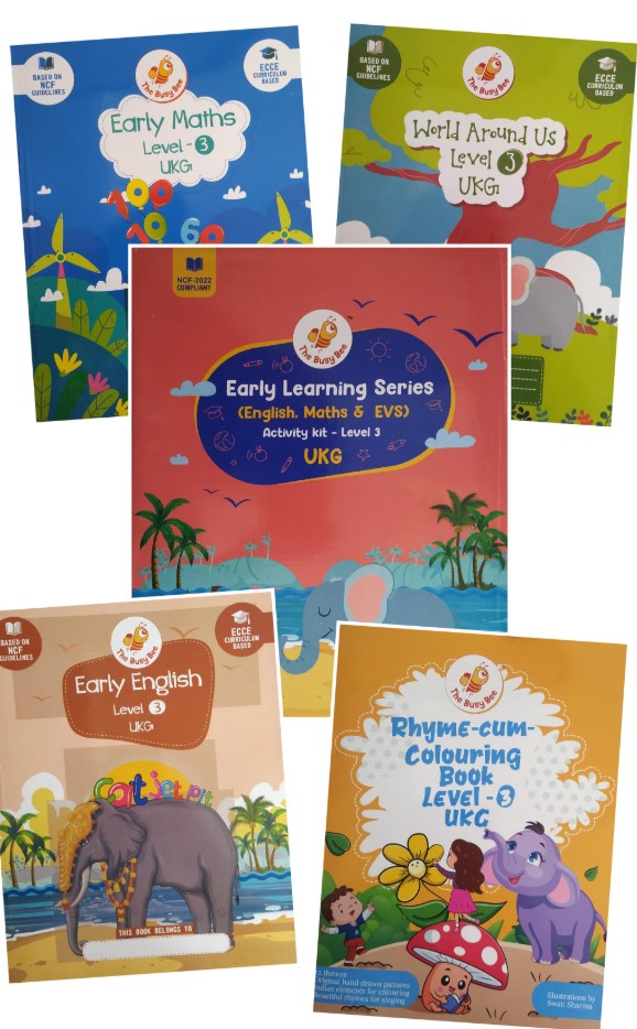 Book Set Of The Busy Bee Early Learning Series  (English, Maths & EVS) | Activity Kit - Level 3 | UKG || Rhyme-Cum-Colouring Book | World Around Us | Early English| Early Maths (Level -3)